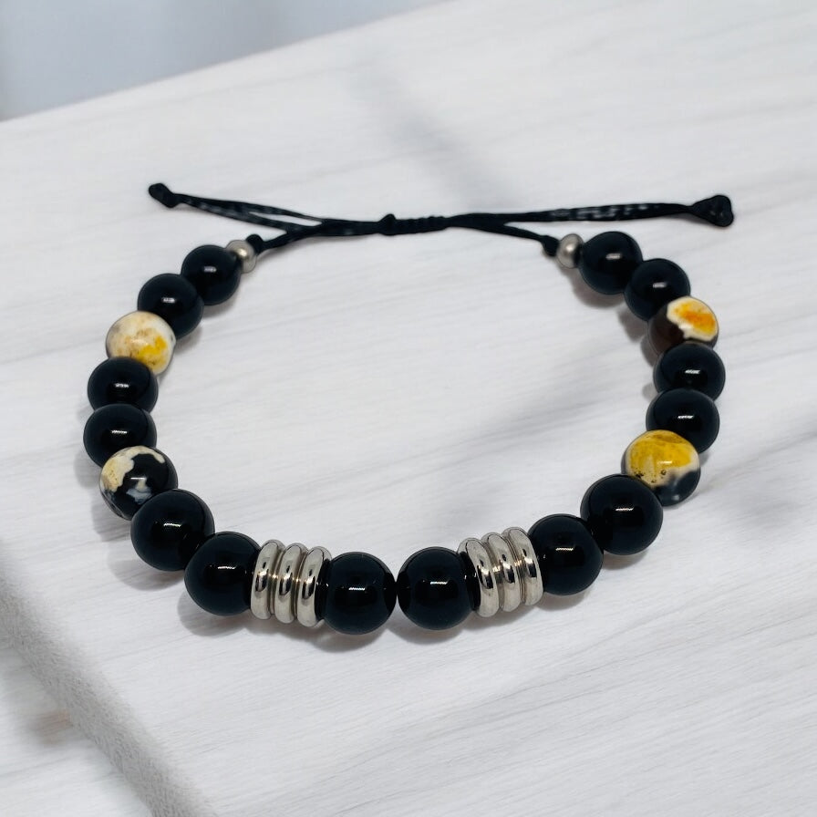 Bracelet homme - Onyx, Agate Feu, Acier