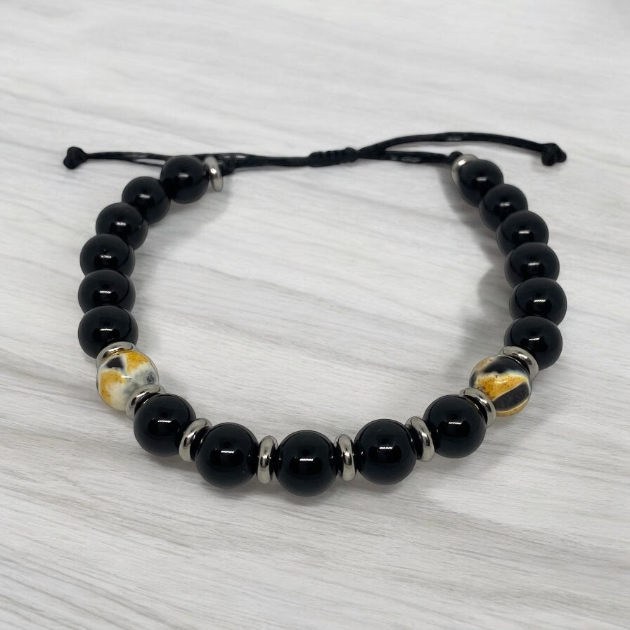 Bracelet homme - Onyx, Agate Feu, Acier