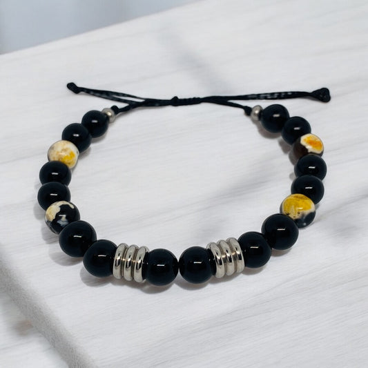 Bracelet homme - Onyx, Agate Feu, Acier