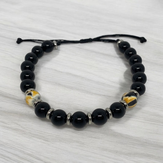 Bracelet homme - Onyx, Agate Feu, Acier