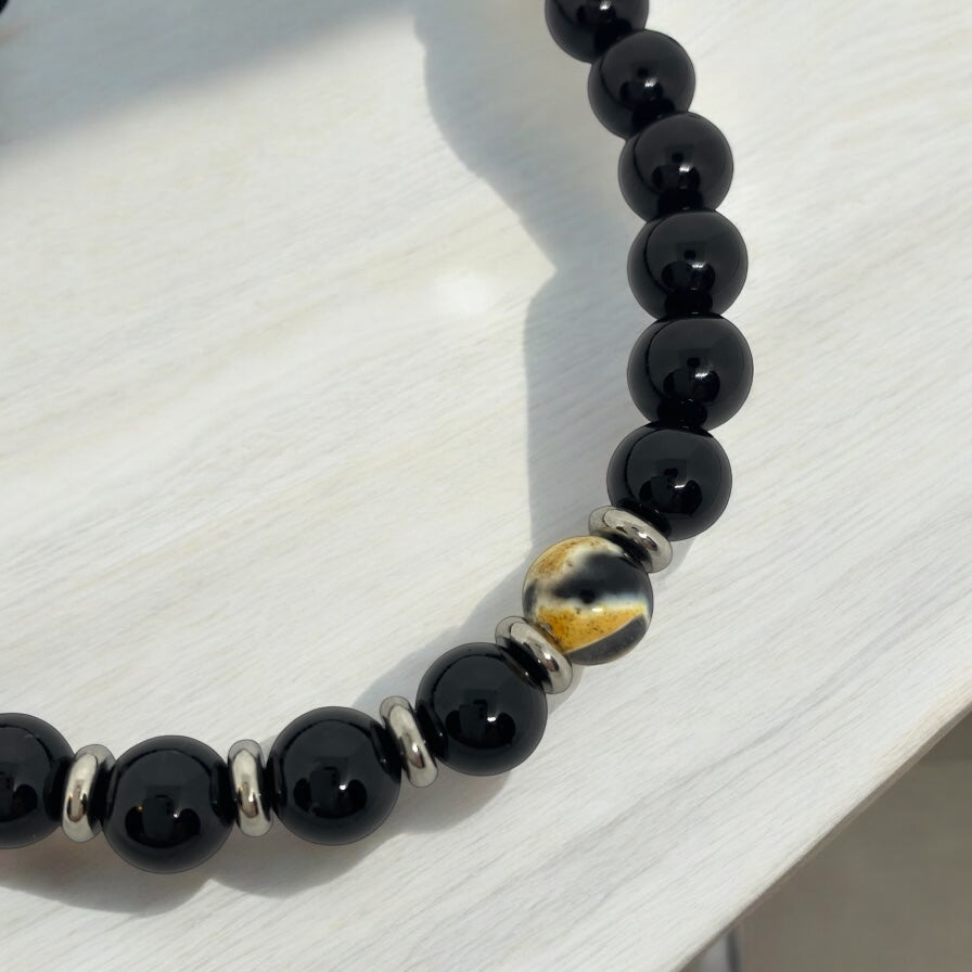 Bracelet homme - Onyx, Agate Feu, Acier